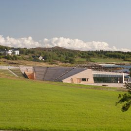 Gurisenteret på lys dag med grønn gressplen og tre i forgrunn